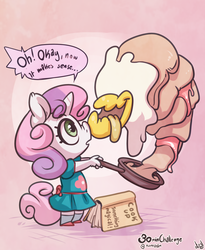 Size: 1067x1300 | Tagged: safe, artist:atryl, sweetie belle, anthro, g4, 30 minute art challenge, book, breakfast is ruined, clothes, cooking, dialogue, dress, food monster, lethal chef, living object, monster, sweetie belle can't cook, sweetie fail
