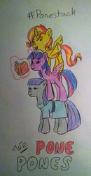 Size: 2017x3881 | Tagged: safe, artist:erynerikard, derpibooru exclusive, maud pie, sunset shimmer, twilight sparkle, alicorn, pony, g4, alicornified, hashtag, high res, race swap, shimmercorn, traditional art, twilight sparkle (alicorn), we bare bears