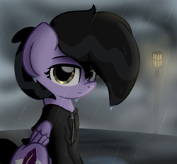 Size: 1024x949 | Tagged: safe, artist:lbrcloud, oc, oc only, pegasus, pony, clothes, cloud, cute, female, frown, hoodie, looking at you, mare, outdoors, rain, solo, streetlight, wet