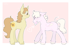 Size: 2000x1300 | Tagged: safe, artist:reverseau, oc, oc only, oc:sugarpop, oc:sunny seed, earth pony, pegasus, pony, blank flank, blushing, gay, male, oc x oc, shipping, shy, simple background, stallion