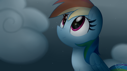 Size: 1024x576 | Tagged: safe, artist:lbrcloud, rainbow dash, pegasus, pony, g4, cloud, female, frown, looking up, mare, night, sad, signature, sky, solo, stars