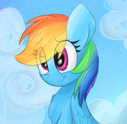 Size: 899x879 | Tagged: safe, artist:lbrcloud, rainbow dash, pegasus, pony, g4, bust, chest fluff, cloud, cute, dashabetes, female, mare, sky, smiling, solo