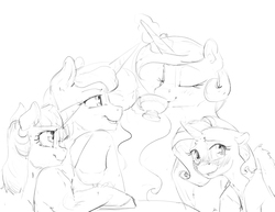 Size: 1100x850 | Tagged: safe, artist:silfoe, princess celestia, princess luna, rarity, twilight sparkle, alicorn, pony, unicorn, other royal book, g4, black and white, blushing, cup, female, grayscale, lesbian, magic, monochrome, ship:rarilestia, ship:twiluna, shipping, simple background, sketch, teacup, telekinesis, white background