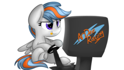 Size: 1024x576 | Tagged: safe, artist:lbrcloud, oc, oc only, oc:gulfstream, pegasus, pony, :p, cute, female, mare, screen, simple background, sitting, solo, steering wheel, tongue out, transparent background, video game