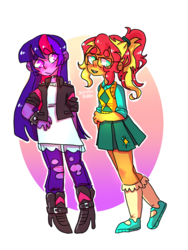 Size: 960x1280 | Tagged: safe, alternate version, artist:jackytheripperart, sci-twi, sunset shimmer, twilight sparkle, equestria girls, g4, alternate clothes, alternate hairstyle, clothes swap, female, glasses, lesbian, palette swap, recolor, ship:sci-twishimmer, ship:sunsetsparkle, shipping, smiling