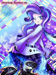 Size: 1024x1365 | Tagged: safe, artist:animechristy, rarity, human, equestria girls, g4, beautiful, clothes, coat, eyeshadow, female, humanized, looking at you, makeup, one eye closed, smiling, snow, snowflake, solo, wink