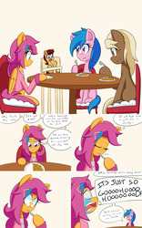 Size: 2000x3200 | Tagged: safe, artist:jake heritagu, firefly, scootaloo, oc, oc:lightning blitz, oc:sandy hooves, earth pony, pegasus, pony, comic:ask motherly scootaloo, g4, baby, baby pony, chair, colt, comic, crying, food, hairpin, high res, highchair, male, motherly scootaloo, offspring, older, older scootaloo, parent:rain catcher, parent:scootaloo, parents:catcherloo, plate, simple background, sweatshirt, swirly eyes, table, tan background
