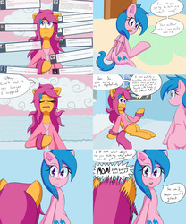 Size: 2000x2400 | Tagged: safe, artist:jake heritagu, firefly, scootaloo, pony, comic:ask motherly scootaloo, g4, ask, bed, blanket, cloud, comic, hairpin, high res, motherly scootaloo, sweatshirt, wonderbolts poster
