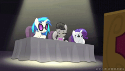 Size: 640x360 | Tagged: safe, artist:小凱, edit, edited screencap, screencap, dj pon-3, octavia melody, rarity, vinyl scratch, bloom & gloom, g4, 87, animated, chinese, crossing the memes, female, gif, implied chinese, meme, music judges meme, pun, translated in the comments, translated in the description