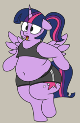 Size: 641x981 | Tagged: safe, artist:andelai, twilight sparkle, alicorn, semi-anthro, arm hooves, belly, belly button, bra on pony, chubby, clothes, exercise, fat, female, ponytail, simple background, solo, sports bra, tongue out, twilard sparkle, twilight sparkle (alicorn), workout outfit