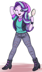Size: 1911x3287 | Tagged: safe, artist:sumin6301, starlight glimmer, equestria girls, equestria girls specials, g4, mirror magic, arm behind head, beanie, clothes, female, hat, head scratch, mirror, one eye closed, pants, solo, vest, wink