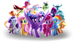 Size: 1424x803 | Tagged: safe, applejack, capper dapperpaws, captain celaeno, fluttershy, grubber, pinkie pie, princess skystar, queen novo, rainbow dash, rarity, songbird serenade, spike, storm king, tempest shadow, twilight sparkle, abyssinian, alicorn, bird, dragon, pony, seapony (g4), unicorn, anthro, g4, my little pony: the movie, official, anthro with ponies, broken horn, female, glowing horn, headworn microphone, horn, mare, simple background, transparent background, twilight sparkle (alicorn)