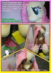 Size: 736x1040 | Tagged: safe, artist:blackwater627, artist:earthenhoof, fluttershy, pegasus, pony, g4, cleaning, comic, facepalm, female, irl, phone, photo, plushie, text