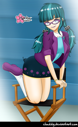 Size: 614x1000 | Tagged: safe, artist:clouddg, juniper montage, equestria girls, equestria girls specials, g4, chair, clothes, cute, female, glasses, human coloration, moe, pigtails, shoes, signature, skirt, socks, solo, thighs