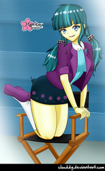 Size: 614x1000 | Tagged: safe, artist:clouddg, juniper montage, equestria girls, equestria girls specials, g4, chair, clothes, cute, female, looking at you, moe, pigtails, shoes, signature, skirt, smiling, socks, solo, thighs