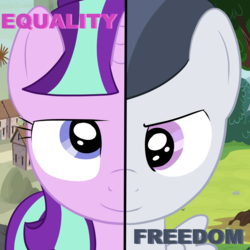 Size: 1600x1600 | Tagged: safe, artist:w4t3rkin9, rumble, starlight glimmer, two sided posters, g4, marks and recreation, the cutie map, freedom, split screen