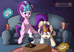 Size: 812x572 | Tagged: safe, artist:calena, starlight glimmer, oc, pony, unicorn, g4, carpet, controller, couch, food, glowing horn, horn, joystick, magic, meme, patreon, patreon logo, playing, popcorn, shipping, soda can, telekinesis, television, video game
