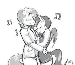 Size: 2318x2000 | Tagged: safe, artist:bluecoffeedog, oc, oc only, oc:nuke, oc:speck, bat pony, pegasus, anthro, blushing, dancing, duo, female, high res, husband and wife, male, married couple, married couples doing married things, music notes, speke