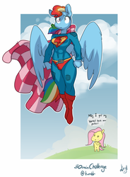 Size: 958x1300 | Tagged: safe, artist:atryl, fluttershy, rainbow dash, anthro, unguligrade anthro, g4, 30 minute art challenge, belly button, blanket, clothes, costume, dialogue, flying, male, patch, superman