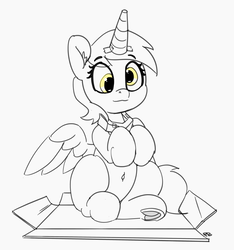 Size: 3395x3626 | Tagged: safe, artist:pabbley, derpy hooves, pony, g4, 30 minute art challenge, belly button, cardboard box, clothes, costume, cute, fake horn, female, high res, monochrome, partial color, solo, underhoof