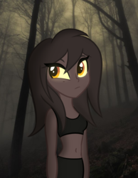 Size: 615x792 | Tagged: dead source, safe, artist:wubcakeva, oc, oc only, oc:stella, werewolf, equestria girls, g4, belly button, clothes, equestria girls-ified, female, forest, midriff, solo, species swap, sports bra