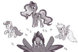 Size: 6000x4000 | Tagged: safe, artist:silverknight27, derpy hooves, princess luna, scootaloo, oc, oc:silver rose, pegasus, pony, g4, absurd resolution, male, monochrome, neck fluff, stallion, tongue out