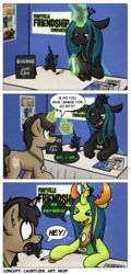 Size: 2000x4151 | Tagged: safe, artist:moemneop, queen chrysalis, oc, oc:neop, changedling, changeling, pony, unicorn, g4, bits, changedlingified, comic, convention, glowing horn, high res, horn, levitation, magic, male, purified chrysalis, stallion, telekinesis, transformation