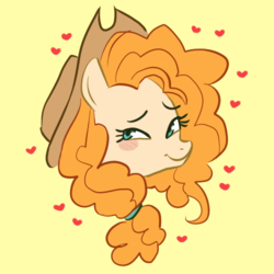 Size: 500x500 | Tagged: safe, artist:shittyloops, pear butter, earth pony, pony, g4, the perfect pear, cowboy hat, female, hat, heart, looking at you, mare, simple background, smiling, solo, yellow background