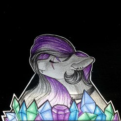 Size: 2043x2048 | Tagged: safe, artist:evakulisreal, oc, oc only, pony, collar, crystal, ear piercing, eye scar, eyes closed, fangs, high res, piercing, scar, solo, traditional art