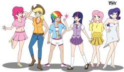 Size: 4000x2338 | Tagged: safe, artist:banquo0, applejack, fluttershy, pinkie pie, rainbow dash, rarity, twilight sparkle, human, g4, armpits, belly button, boots, breasts, cleavage, clothes, converse, cowboy hat, dress, feet, female, flip-flops, hand on hip, hat, high heels, high res, humanized, kneesocks, mane six, mary janes, midriff, pants, pleated skirt, shirt, shoes, short shirt, shorts, simple background, skirt, socks, stetson, transparent background