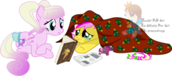 Size: 900x398 | Tagged: safe, artist:princeofrage, oc, oc only, oc:strawberry b!tchcake, blanket, book, bow, cerise porceleen, duo, plushie, ponysona, reading, simple background, strawberry b!tchcake, tail bow, transparent background