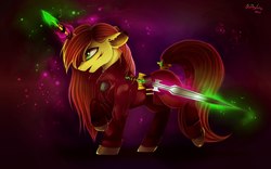 Size: 2529x1581 | Tagged: safe, artist:das_leben, oc, oc only, pony, unicorn, clothes, ear piercing, female, floppy ears, glowing horn, horn, horn ring, magic, mare, open mouth, piercing, solo, sword, tail wrap, telekinesis, weapon