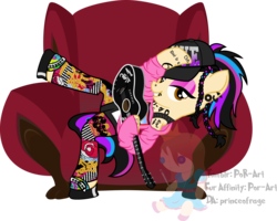 Size: 2354x1887 | Tagged: safe, artist:princeofrage, oc, oc only, semi-anthro, body writing, cap, couch, guitar, hat, jrock, lidded eyes, miyavi, plushie, simple background, solo, tattoo, transparent background, visual kei
