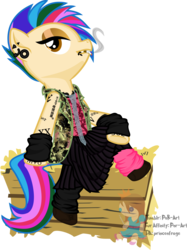 Size: 933x1250 | Tagged: safe, artist:princeofrage, oc, oc only, semi-anthro, body writing, clothes, crossed legs, ear piercing, earring, jacket, jewelry, jrock, miyavi, piercing, plushie, simple background, skirt, solo, tattoo, transparent background, visual kei