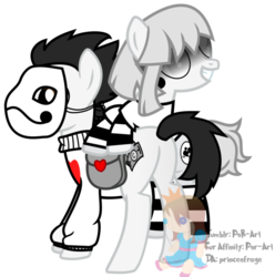 Size: 610x615 | Tagged: safe, artist:princeofrage, pony, duo, food, mask, mortis ghost, off, plushie, ponified, saddle bag, simple background, sucre, sugar (food), transparent background, zacharie