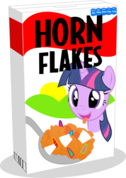 Size: 4668x6574 | Tagged: safe, artist:hornflakes, artist:jamnetwork, twilight sparkle, pony, g4, absurd resolution, cereal, cereal box, corn flakes, female, food, hilarious in hindsight, mare, pun, silly, silly pony, simple background, solo, tongue out, transparent background, vector