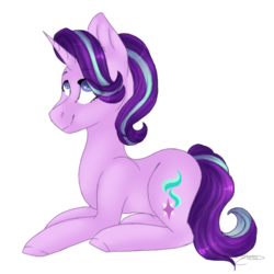 Size: 768x768 | Tagged: safe, artist:rainbowstar536, starlight glimmer, pony, unicorn, g4, female, prone, simple background, sitting, smiling, solo, transparent background