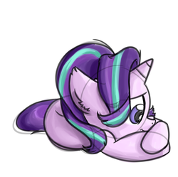 Size: 1024x1021 | Tagged: safe, artist:lbrcloud, starlight glimmer, pony, unicorn, g4, cute, ear fluff, female, frown, lying down, sad, sadorable, simple background, solo, white background