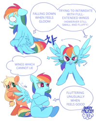 Size: 867x1093 | Tagged: safe, artist:dusty-munji, applejack, rainbow dash, earth pony, pegasus, pony, g4, blushing, duo, female, looking at you, mare, missing accessory, multicolored hair, simple background, sitting, spread wings, white background, wings