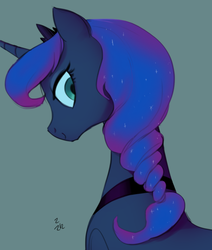 Size: 640x755 | Tagged: safe, artist:ehfa, princess luna, alicorn, pony, g4, alternate hairstyle, braid, cute, female, green background, looking back, lunabetes, mare, simple background, smiling, solo
