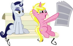 Size: 6186x3889 | Tagged: safe, artist:ironm17, moonlight raven, sunshine smiles, pony, unicorn, g4, bench, female, mare, newspaper, open mouth, siblings, simple background, sisters, smiling, transparent background, vector