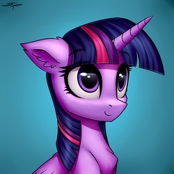 Size: 3000x3000 | Tagged: safe, artist:setharu, twilight sparkle, alicorn, pony, bust, chest fluff, cute, ear fluff, eye reflection, female, floppy ears, looking up, mare, portrait, reflection, signature, simple background, smiling, solo, twiabetes, twilight sparkle (alicorn)