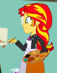 Size: 508x650 | Tagged: safe, screencap, sunset shimmer, equestria girls, g4, my little pony equestria girls: summertime shorts, the art of friendship, apron, clothes, cropped, easel, female, paint, paintbrush, solo