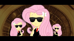 Size: 1366x768 | Tagged: safe, artist:mrdeloop, fluttershy, equestria girls, g4, alternate universe, clothes, day of the flutter, eqg promo pose set, equestria girls: the parody series, multeity, suit, sunglasses, triality, trio