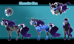 Size: 1750x1029 | Tagged: safe, artist:bijutsuyoukai, oc, oc only, oc:charoite hex, pony, unicorn, armor, female, mare, offspring, parent:king sombra, parent:nightmare rarity, reference sheet, solo