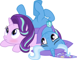 Size: 2600x2036 | Tagged: safe, artist:slb94, starlight glimmer, trixie, pony, unicorn, g4, to change a changeling, behaving like a cat, blushing, female, high res, lesbian, lidded eyes, playful, pony pile, ship:startrix, shipping, show accurate, simple background, surprised, transparent background, vector