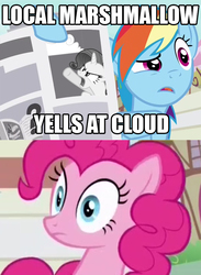 Size: 642x878 | Tagged: safe, edit, edited screencap, screencap, pinkie pie, rainbow dash, rarity, daring done?, g4, crossing the memes, image macro, male, meme, old man yells at cloud, rarity is a marshmallow, simpsons did it, the simpsons