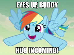Size: 1420x1059 | Tagged: safe, edit, edited screencap, screencap, rainbow dash, pegasus, pony, daring done?, g4, bronybait, cloud, female, flying, happy, image macro, incoming hug, mare, meme, open mouth, sky, smiling, solo, spread wings, wings
