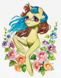 Size: 2367x3024 | Tagged: safe, artist:catmag, oc, oc only, oc:mallow, pony, unicorn, female, flower, high res, mare, solo, traditional art