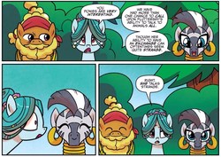 Size: 1584x1124 | Tagged: safe, artist:agnesgarbowska, idw, official comic, cattail, ms. vine, zecora, earth pony, pony, zebra, g4, spoiler:comic, spoiler:comic58, beard, cropped, ear piercing, earring, facial hair, female, jewelry, male, mare, neck rings, piercing, speech bubble, stallion